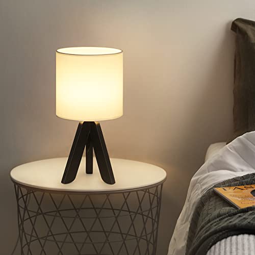 Haitral Wooden Tripod Table Lamp With Black Base, Small Table Lamp Bedsides Lamp With Linen Fabric Shade, Nightstand Lamp Cute Night Lamp For Bedroom,Kids Room,Nursery,Dorm #TOP6