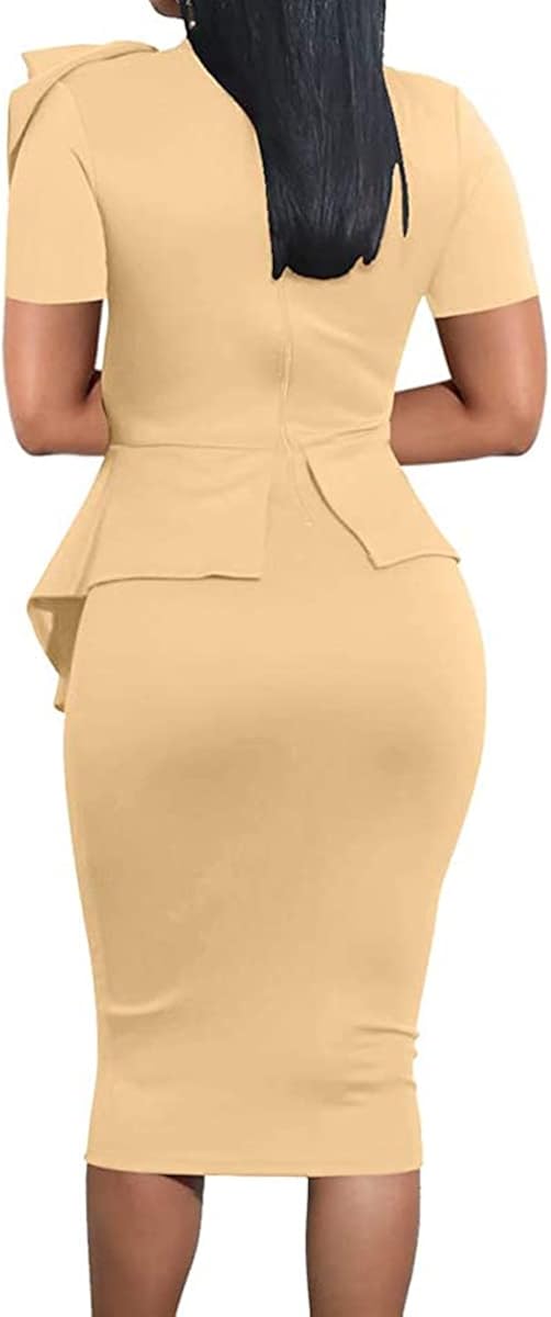 Women's Fashion Peplum Bodycon Short Sleeve Work Dresses Bow Club Ruffle Pencil Formal Cocktail Dress Medium 5349 Khaki