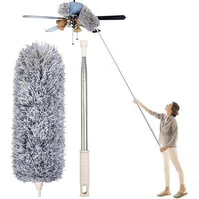 UCRAVO 2025 Upgraded Fan Cleaning Mop Microfiber Duster with Extension Pole(Stainless Steel), Extra Long 100 inches, with Bendable Head, Extendable Duster for Cleaning High Ceiling Fan, Interior Roof