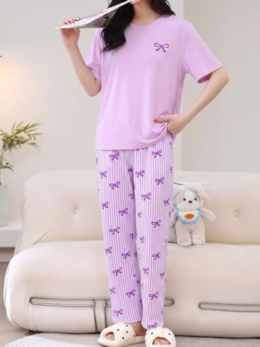 Image of SHIENZY Women Korean Style Night Suit | Round Neck Short Sleeve Cute Printed Cotton Pajama Set for Girls & Women | Soft Nightwear, Loungewear, Sleepwear for Women | Full Pyjama Set | Co-ord Set
