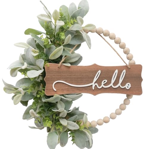 Green Wreath for Front Door, Wood Bead Wreaths with Artificial Lambs Ears Leaves, Hello and Welcome Door Sign Wreath for Home Decor, Spring Summer Green Leaf for Wedding Decor by idyllic - Used condition - CA$20.69