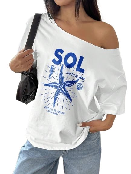 Image of SXV STYLE SOL Women Summer Loose Asymmetrical Neck Cocktail Fruit Orange Y2K Graphic Oversized T-Shirt