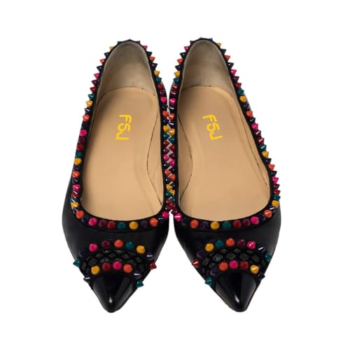 FSJ Women Cap Toe Multicolor Rivet Studded Flats Three Tone Slip On Comfort No Heel Closed Pointed Toe Casual Prom Shoes Size 4-15 US4
