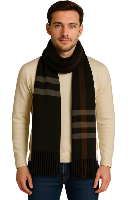 devil Woolen Muffler for Men – Soft Checked Scarf with Tassels | Warm & Stylish Winter Accessory (Free Size,White)-picture-23