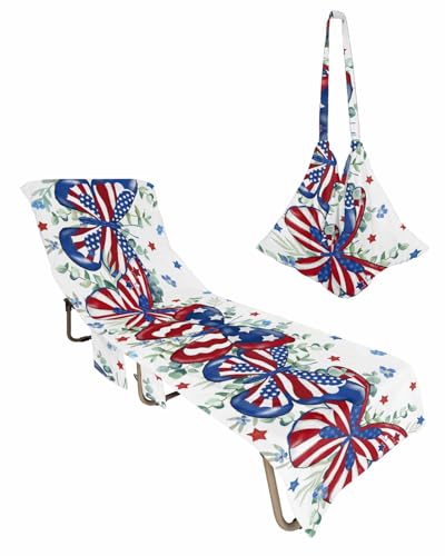 4th of July Butterfly Beach Lounge Chair Towel Cover, Soft Chaise Lounge Towel with Side Pockets Patio Pool Chairs Cover for Beach/Pool Sunbathing 29x85 Blue Red Star Watercolor Botanical