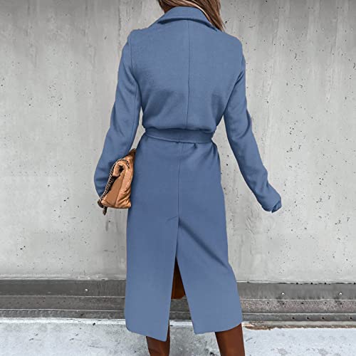 Women's Wool Jackets Coat Thin Cardigan Trench Jacket 2022 Ladies Long Parka Outwear Fashion Slim Waist Belt Top Blue #TOP4