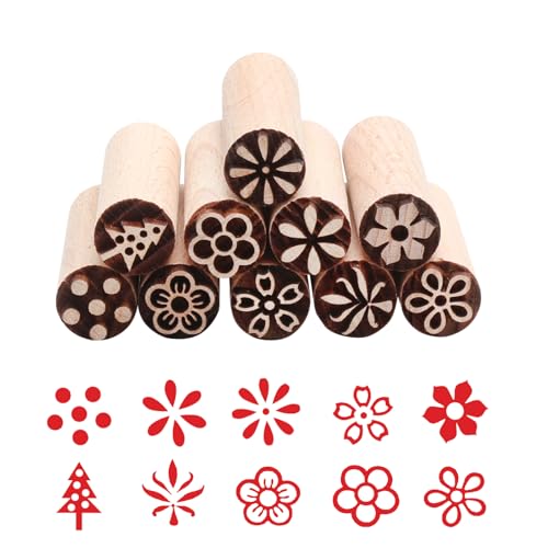 VOSSOT - VOSSOT 10 Pièces Outils Tampons en Bois, Colonne Tampons en Argile avec Motifs Variés, Tampon Empreinte pour Poterie et Céramique pour Pâtisserie DIY Argile Scrapbooking Biscuits Modelage (5 X 1,5 cm)