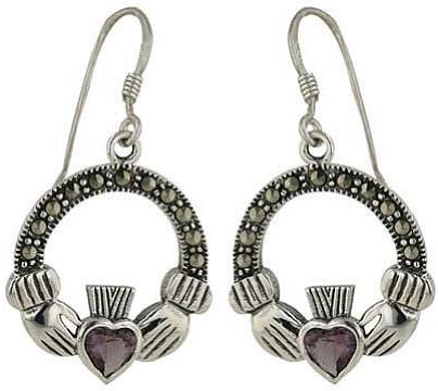 Sterling Silver Marcasite Heart Shape Amethyst Color Cubic Zirconia Irish Claddagh Earrings