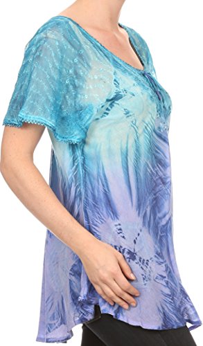 Image of Sakkas Taylay Ombre Tie Dye Batik Long Embroidered Corset Neck Blouse Shirt Top