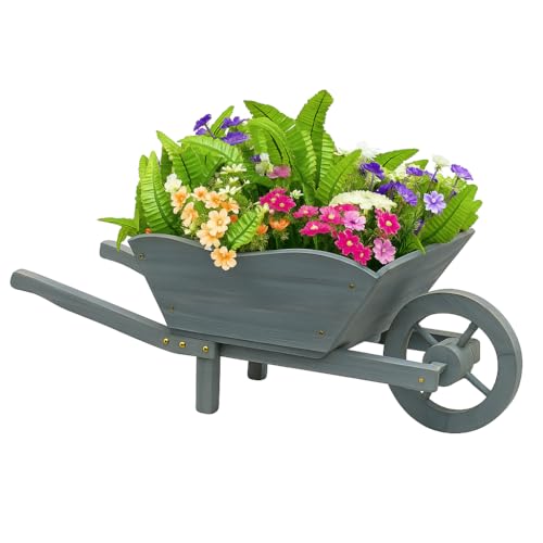 RANRHA Rustic Wooden Wheelbarrow Planter – Vintage Garden Decor for Outdoor or Indoor Use – Solid Wood Flower Holder for Artificial or Live Plants (W69 x H28 x D32cm)
