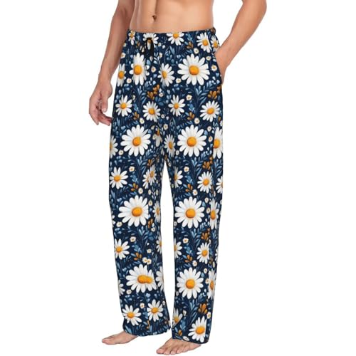 Mens Pajama Pants - White Daisy Floral Print Soft Sleep Lounge Pants For Men, Casual Pj Bottoms With Pockets
