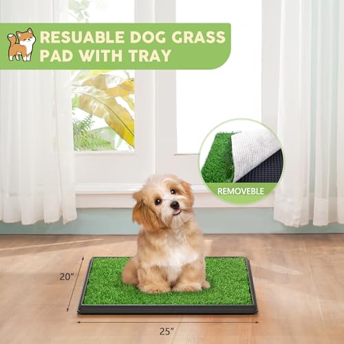 Image of Dog Grass Pad with Tray, 25 inch x 20 inch Indoor Artificial Grass Pee Pad | Puppy Potty Training, Portable Dog Toilet Pet Loo, 3-Layer System with fake grass mat & tray, Keep floor & carpet clean