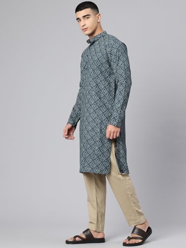 Image of Majestic Man Men's Regular Fit Ethnic Motifs Printed Pure Cotton Long Kurta with Mandarin Collar & Full Sleeves
