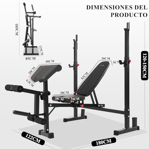 ISE Banco Musculación Plegable con soporte para piernas y brazos, Banco Pesas con rack musculación, Banco Press ajustable con soporte para curl de piernas, Banco De Pesas para barra olímpica - imagen 8