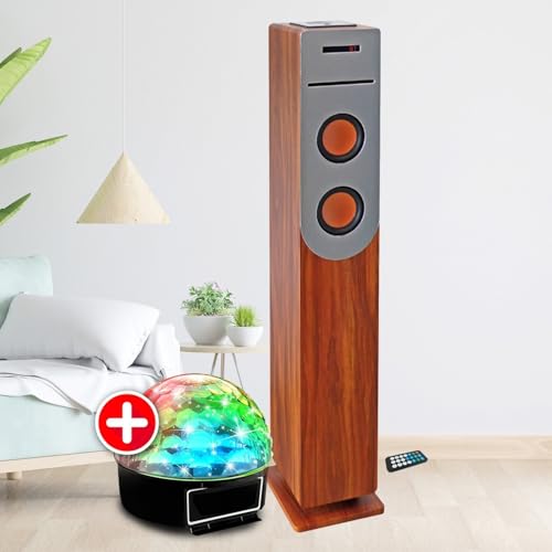 Tour de Son Finition 100W Bois avec Lecteur CD, Bluetooth, FM et USB, Télécommande, Boule LED, Colonne Chambre Salon