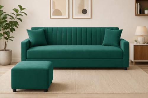 Image of 3 Seater Wooden Sofa Set with Ottoman for Living Room | Premium Velvet Fabric Wooden Frame | Modern Design | Comfortable Cushioned Sofafor Home, Office & Lounge | Green