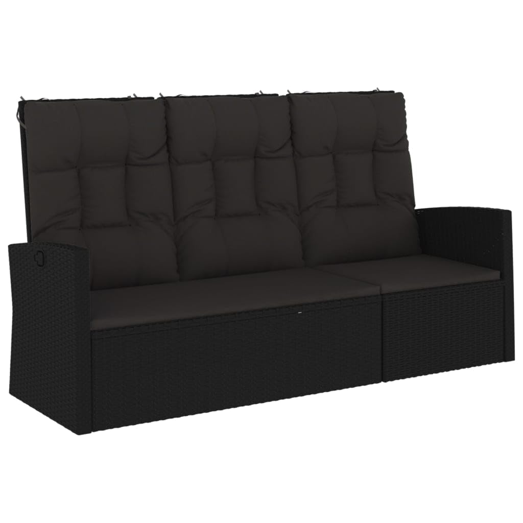 Banco de jardín de polirratán negro de 3 plazas elegante sofá exterior reclinable de 173 cm
