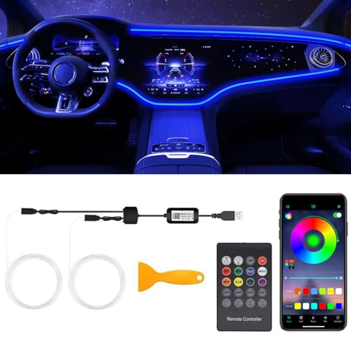 Interior Car LED Strip Lights with Wireless APP & Remote Control, RGB 2 in 1 Car Ambient Lighting Kit with 158 Inches Fiber Optic, Inside Neon Dash Strip with Music Mode by QVEVDACAR - Used condition - US$17.75
