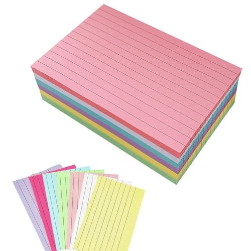 Flash Cards Paper 300Pcs Revision Cards Paper Ruled Flashcards 127 * 76mm Assorted Colours Index Crads Record Cards Ruled Flashcards with 9 Metal Binder Rings for Office Working School Learning