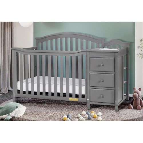 Image of Pemberly Row 4-in-1 Convertible Crib & Changer, Solid Pine Wood, Gray Finish, Changing Table with 3 Drawers and Shelves, Adjustable Mattress Support, Converts to Toddler Bed /Daybed /Full-Size Bed
