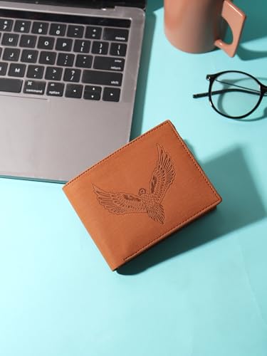 Image of SAMTROH Vegan Leather Wallet for Men | Vintage Printed | Premium Vegan Leather Craftsmanship | 3 Card Slots I 2 Cash Compartments & Secret Slots | 1 Coin Pocket. (Eagle, Tan)