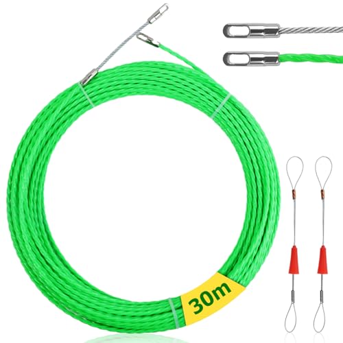 30m Guia Pasacables de Nylon, 4,5 mm Guía de Cable con Muelle de Guía, Retractable Spring Guia Electricista, Guia Pasacables Trenzada con 2 Muelles GuíA, Tiracables de Nylon para Cables Electricos