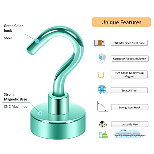 Image of Neosmuk Magnetic Hooks, 22 lb+ Heavy Duty Earth Magnets with Hook for Refrigerator, Extra Strong Cruise Hook for Hanging, Magnetic Hanger for Cabins, Grill (Green, Pack of 6)