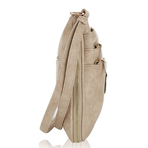 MKF Crossbody Bag for Women – PU Leather Expandable Messenger Purse – Designer Pocketbook Handbag Shoulder Strap Khaki