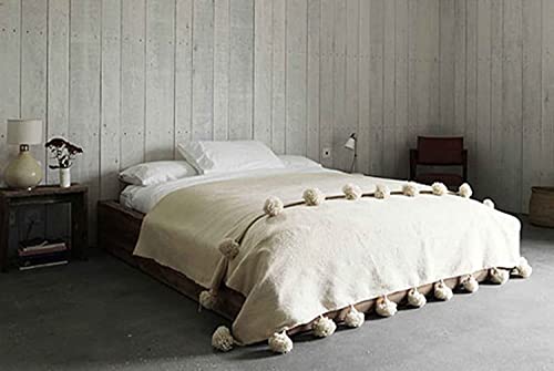 Moroccan Blanket Pom Pom Throw With Tassels Handwoven Cotton King Bed Size (Medium - 59 In X 98 In) #TOP21