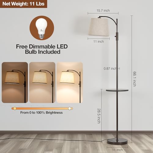 Image of AIDENOEY Fully Dimmable Floor Lamp for Living Room,Standing Lamp Rotary Switch with Table&Linen Beige Shade,Brown Tall Lamps for Bedroom with Adjust Head,9W LED Bulb Included