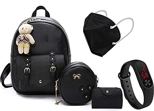 Prestigious Fashion Girls 3-PCS Fashion Cute Stylish Leather Backpack With Teddy Bear Keychain & Sling Bag Set for Women