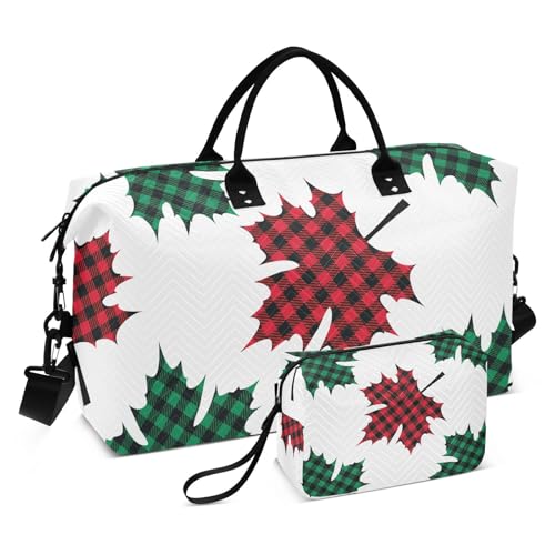 OTVEE Buffalo Plaid Maple Leaves Travel Gym Duffel Bag Quilted Weekender Bags Carry on Overnight Tote Bag for Women Men
