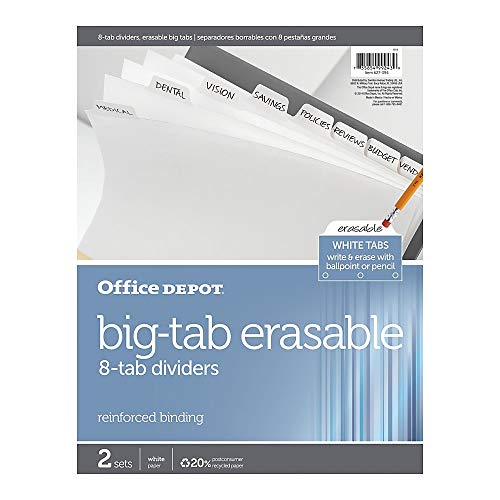 Office Depot Erasable Big Tab Dividers, 8-Tab, White, Pack Of 2 Sets, 3585478685 #TOP2