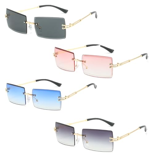 Rechteck Randlose Sonnenbrille Quadratische Durchsichtige Linse Sonnenbrille Square Rimless Sunglasses Retro Ultra-Small Frame Retro Durchsichtige Linse für Männer Weihnachtsgeschenke 4 Stück