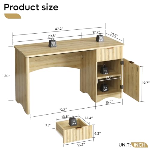 Bestier 47 inch Computer Desk with Drawer, Office Desk with File Cabinet, Modern Executive Desk Adjustable Shelves for Home Office Bedroom Study, Natual Oak - Thumbnail 2