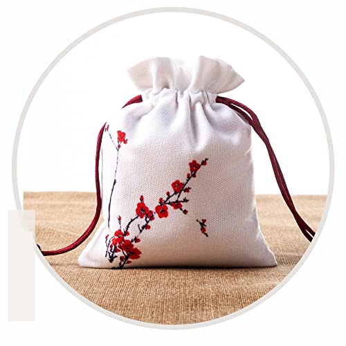 4 Bolsas de Lino con Cordón 13x16 cm Patrón Ciruela miniatura 1