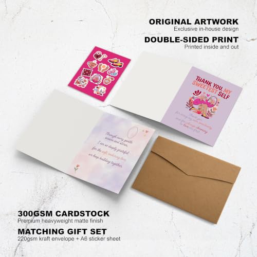 AIROW Greeting Card for Self Care and Self-Love, Thank You Gratitude Daily Affirmations for Women, Artistic Sweet Self Reflection Design, Standard A5 Size, Double-Sided, Envelope & Sticker Sheet - Image 2