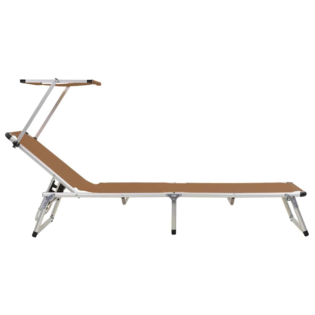 Leżak składany z ochroną przed słońcem, aluminium i tekstylen brązowy, 186 x 58 x 25,5 cm, leżak ogrodowy, leżanka na basen, na balkon, taras, do wellness i wypoczynku na urlopie