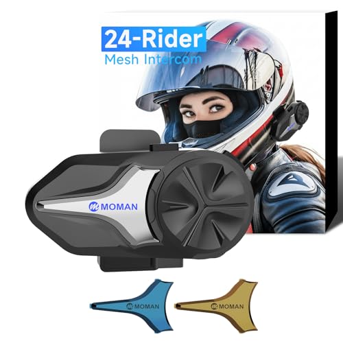 Image of Moman Motorcycle Intercom, Group Intercom Communication Systems, FM, Hi-Fi Stereo, CVC Noise Cancellation, Waterproof BT5.1 Helmet Speaker Headset, 24 Riders Mesh Communicate(CPX 1 Pack)