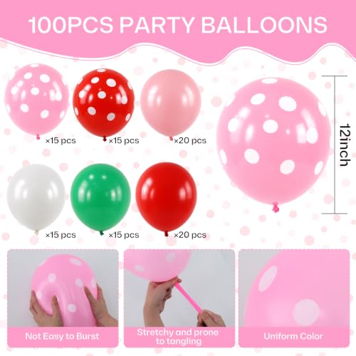 Image of TONIFUL 100 Pack Red Pink Green Polka Dot Latex Balloons - Strawberry Garden Theme Balloon for Birthday Spring Baby Shower Wedding Bachelorette Sweet 16 Party Decorations