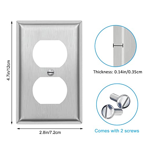 1-Gang Duplex Receptacle Decorator Metal Wall Plate - Stainless Steel Switch Outlet Cover,Brushed Finish, Silver (2-Pack, Duplex) #TOP4