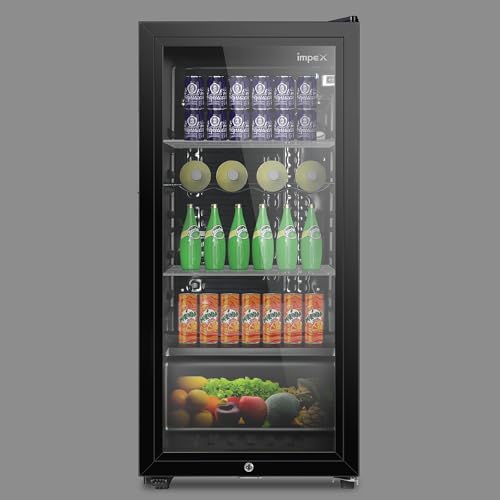 ثلاجة عرض المشروبات الزجاجية - تبريد سريع، موفرة للطاقة ومنخفضة الضوضاء، قفل ومفتاح أمان للأطفال، أرجل قابلة للتعديل، رف معدني، مصباح داخلي، باب زجاجي مزدوج الطبقات، طراز IMBC 100 من امبيكس، أسود