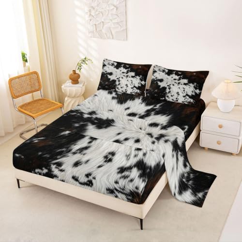 Homemissing Western Farm - Juego de sábanas de piel de vaca, tamaño individual, con estampado de vaca, sábana bajera ajustable de piel de vaca, juego de cama suave de 3 piezas con 1 funda de almohada