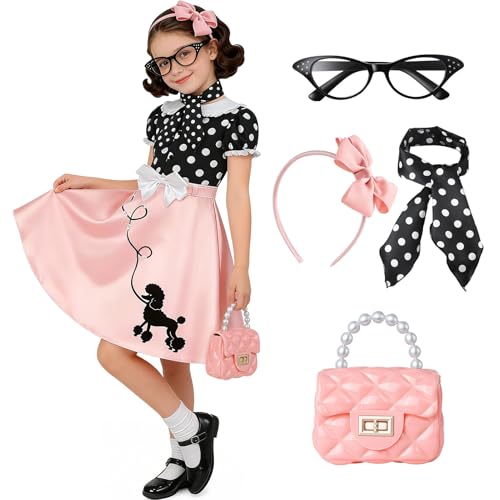 Latocos 50s Outfit Costume for Girls Kids 50s Poodle Skirt with Bag Shirt Glasses Scarf Headband Halloween Dress Up Party (Pink 120)