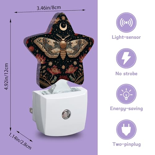 Image of Black Poppy Moth Nightlights Plug in Wall,Mushroom Moon Decorative Star Lamp with Automatic Lighting for Living Space,Gentle Glow for Kids Room,Hallway,Bathroom