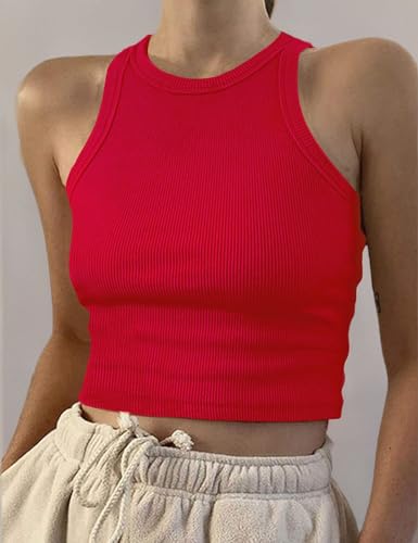 Image of Artfish Women Casual Basic Sleeveless High Neck Rib-Knit Y2k Crop Tank Top