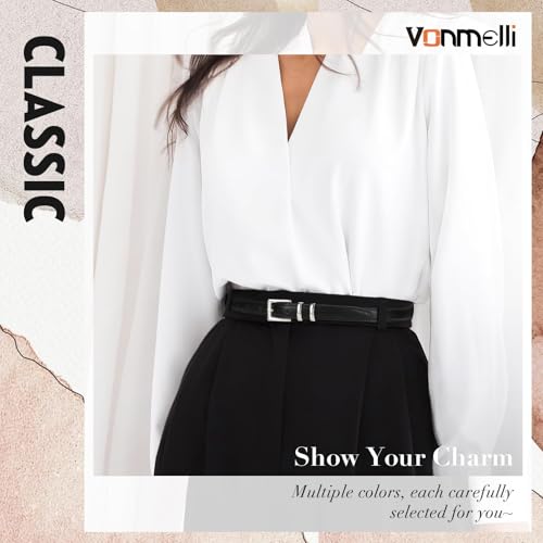 VONMELLI 2 Packs Thin Leather Belts for Women Jeans Dress Women's Skinny Belt Ladies Belts with Bright Sliver Buckle Black Brown M3