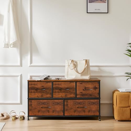 Image of OLIXIS 5 Drawer Dresser for Bedroom, Wide Fabric Storage Tower, Brown | Closet Chest Organizer Furniture, TV Stand for Living Room, Wooden Top and Metal Frame