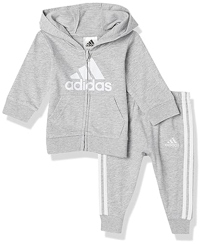 adidas Boys Zip Front Hooded Jacket and Joggers Set French Terry Hooded Jacket and Jogging Pants with Front Zipper, Medium Heather Grey, 9 Months