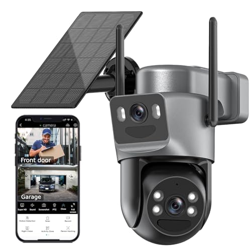 Dual Lens Solar Security Cameras Wireless Outdoor, 5G/2.4G WiFi 6, 360Â° View Pan/Tilt Home Security Camera with 6MP Color Night Vision, Motion Detection, 2-Way Audio, Spotlight Siren, Easy to Install